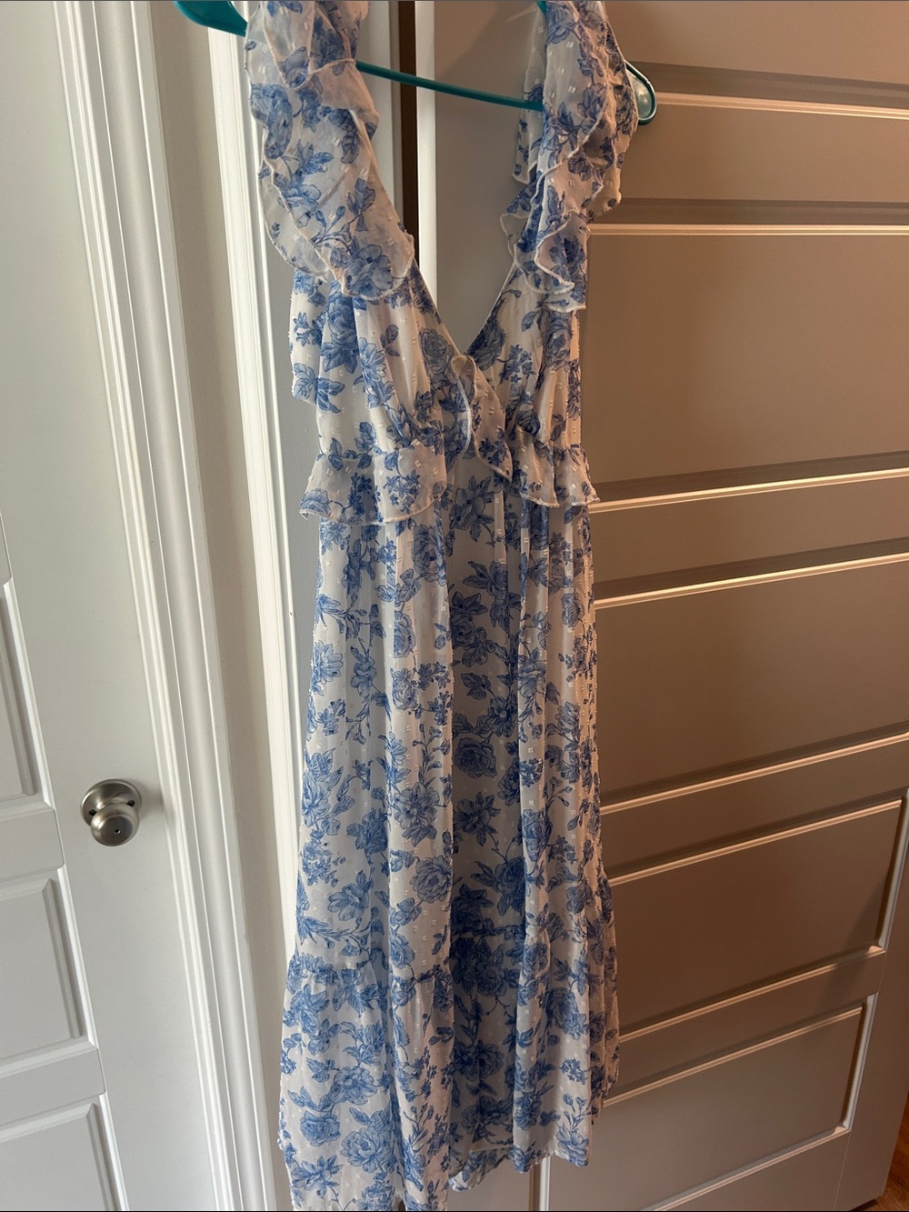 Trixxi White Maxi Dress with Blue Floral Ruffle Detail